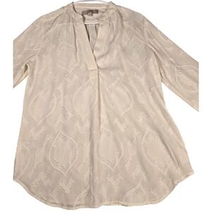 LOFT White Textured Jacquard Paisley Split Neck Blouse Long Sleeve Small